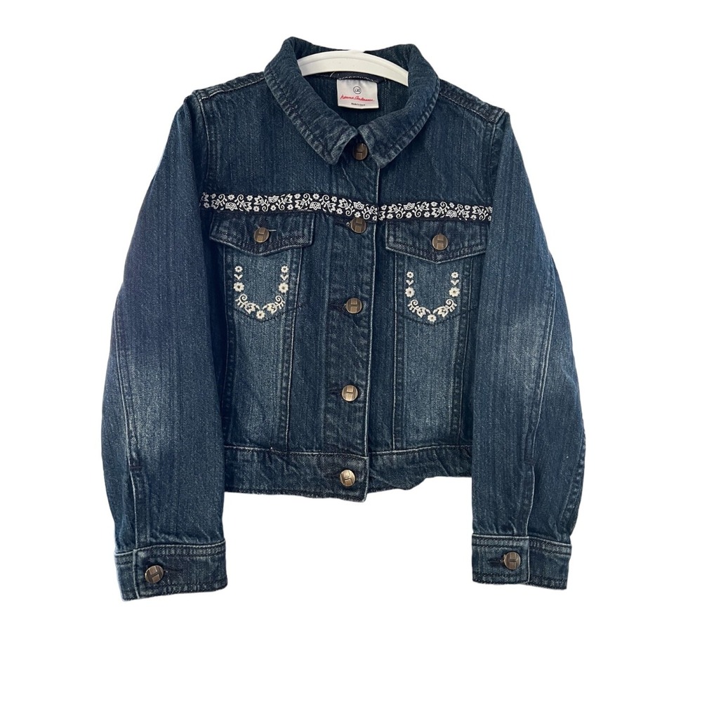Hanna Andersson Girls Denim Jacket Dark Wash Floral Embroidery Blue Size 130 8